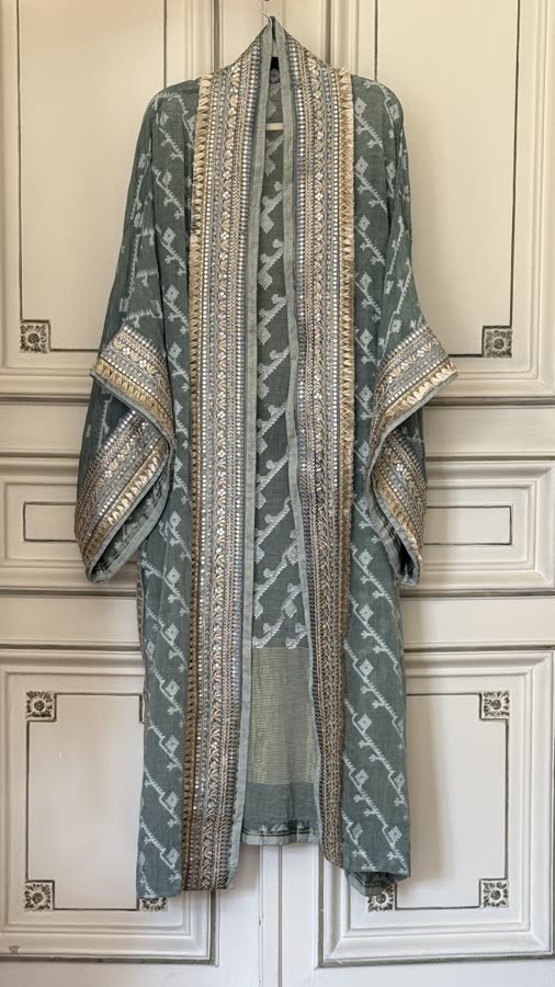 The Sage Block Print Kimono, front