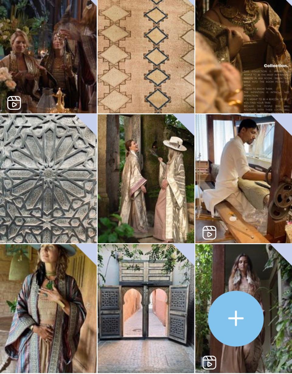 The Shloaka Instagram grid: a candlelit gathering in gold robes, woven textiles, gold jewelry on brocade, a carved Moroccan door, two women laughing in silk robes, a weaver at his loom, a woman in a striped kimono, an arched Moroccan doorway and a woman in feathers.