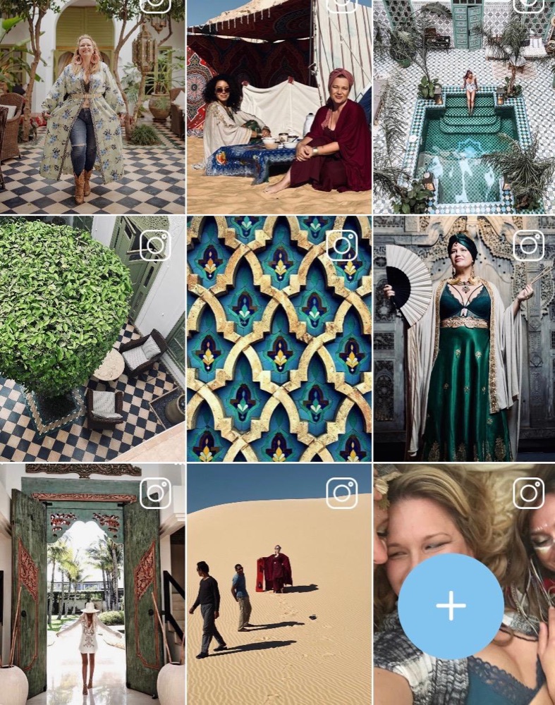 Instagram grid by Heather Brand: a Marrakech riad in a flowered kimono, two women by a desert tent, a tiled pool from above, carved tiles, a woman in emerald silk, a doorway, dunes, a joyful close portrait.