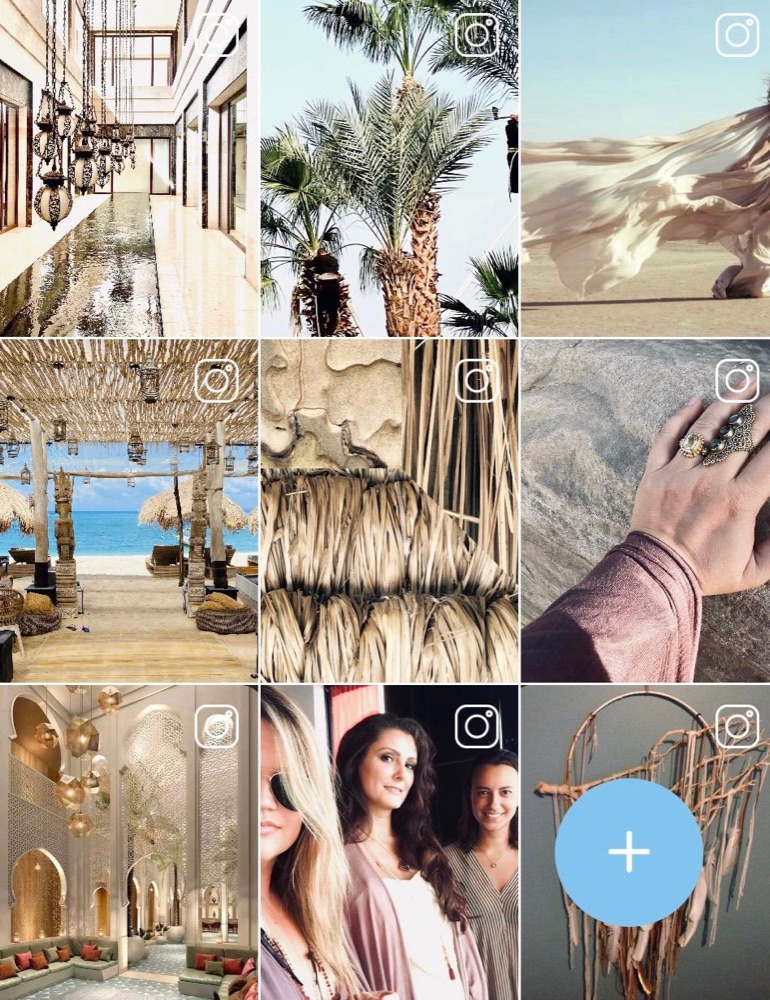 Instagram grid by Heather Brand: a hall of lanterns, palms, silk in the wind, a beach pavilion, woven palm, a ringed hand on stone, an arched lounge, three friends, a dreamcatcher.