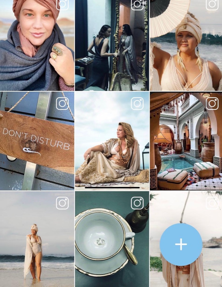 Instagram grid by Heather Brand: a portrait in a rose turban, a fitting in an atelier, a turban and fan by the sea, a Do Not Disturb sign, a woman in gold by the water, a riad pool, the shore, a teacup, a figure in white.