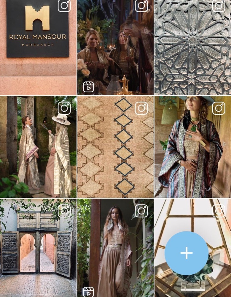 Instagram grid by Heather Brand: the Royal Mansour sign, women in gold robes at a candlelit table, carved plaster, two women in silk under trees, a woven rug, a woman in a striped kimono, a Marrakech doorway, a woman with feathers, a crystal in brass.